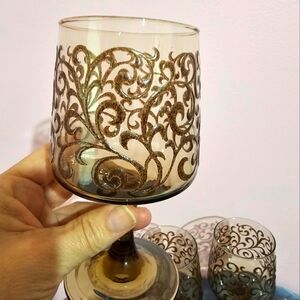 Vintage 1970 Libbey Tawny Brown Prado Raised Scroll Design Wine Goblets